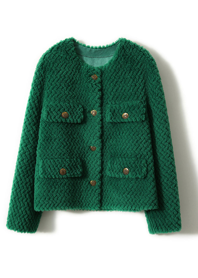 Green O-neck Button Woolen Coat Long Sleeve