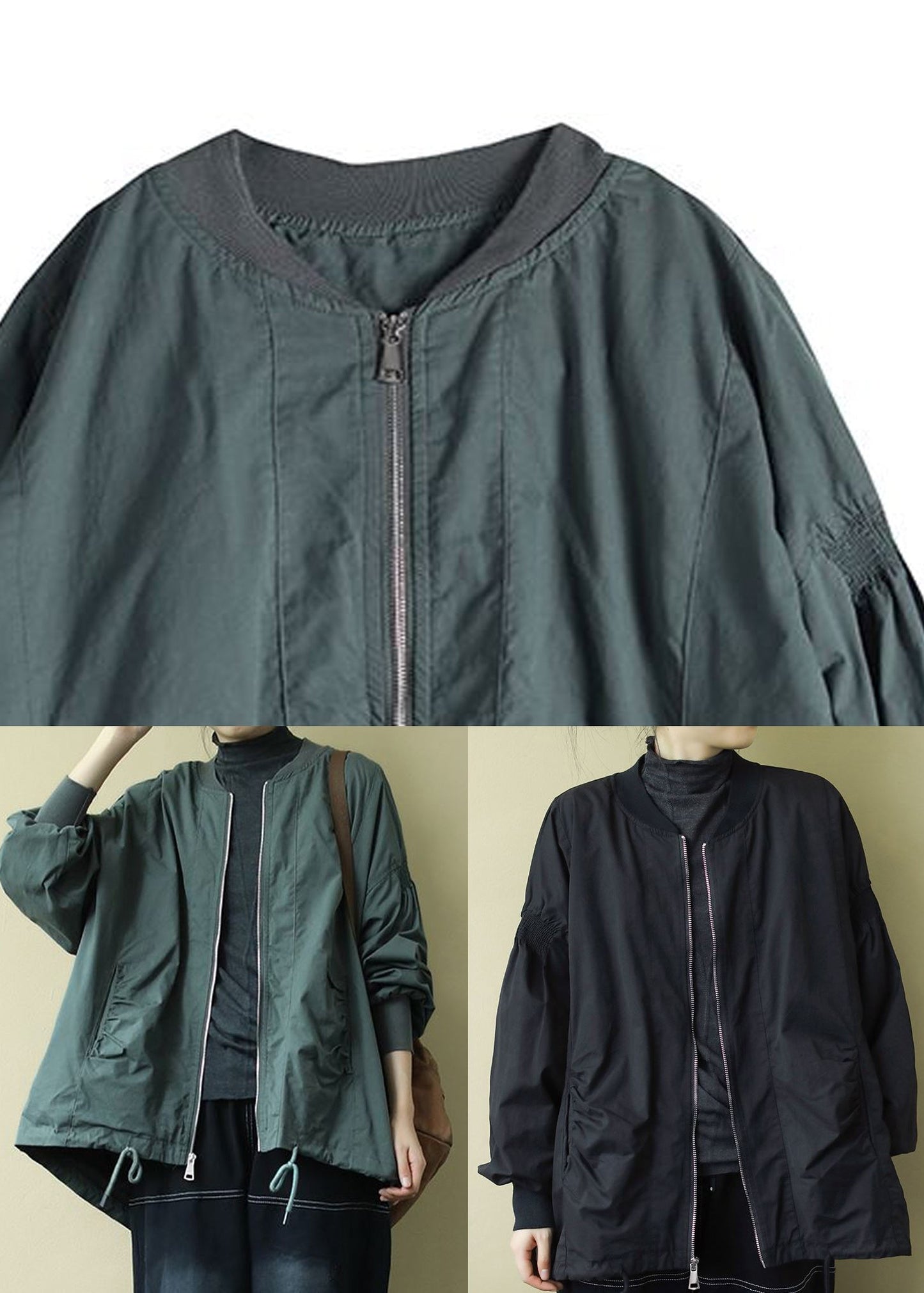 Organic Green O-neck Zip Up Low High Design Coat Long Sleeve