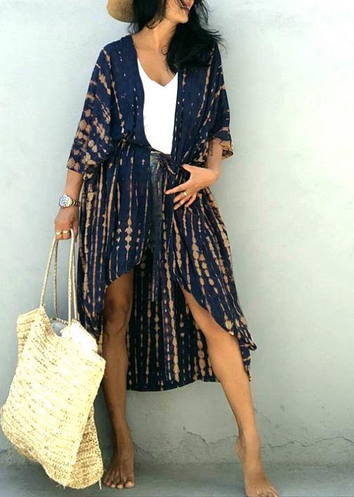 Blue Print Low High Design Kimono Robe Cotton Long Loose Cardigans