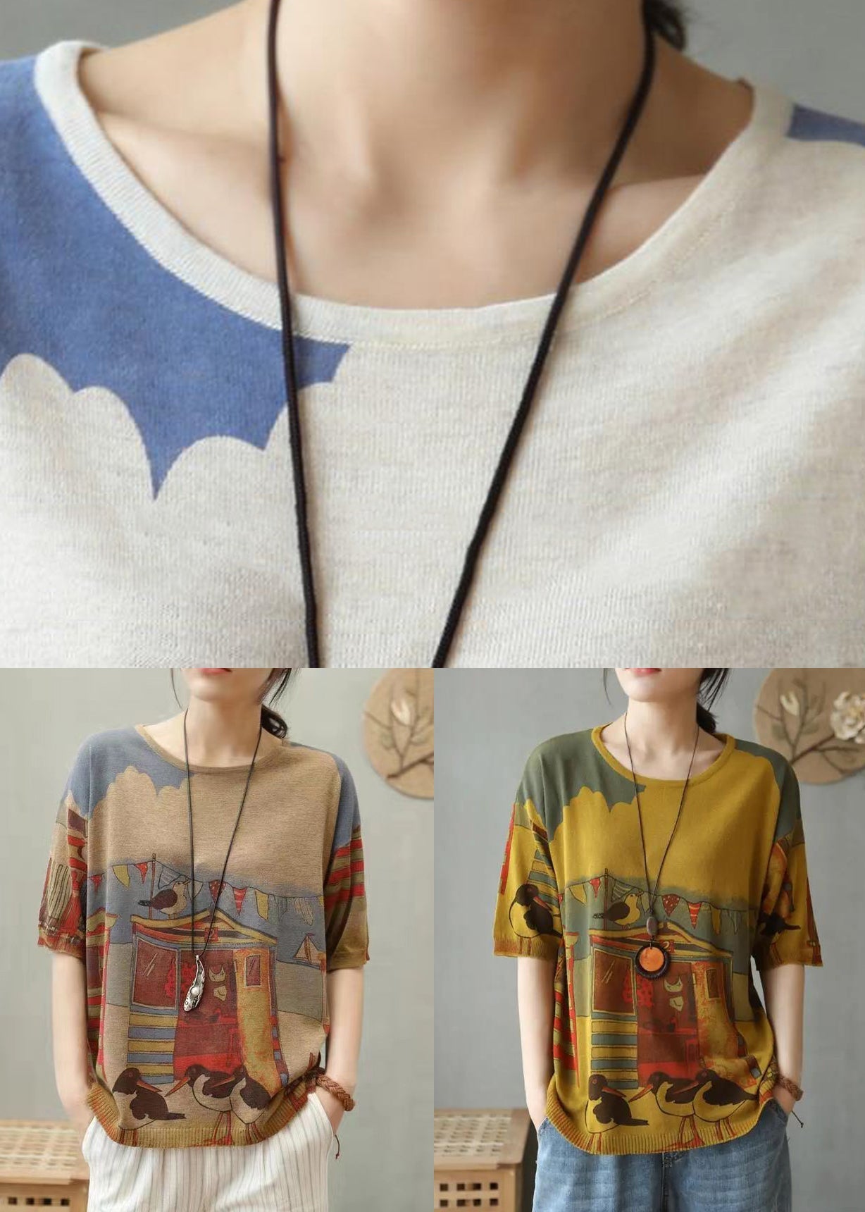 Camel O Neck Print Cotton Knit T Shirt Top Summer