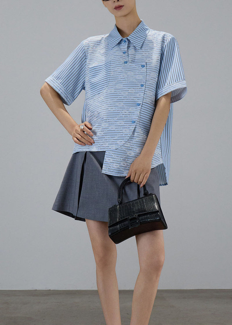 Blue Asymmetrical Design Striped Cotton Blouses Summer