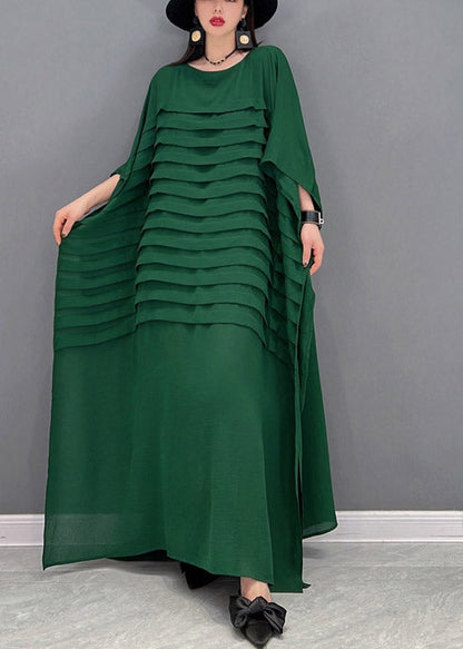 Green O-neck Striped Chiffon Ankle Dress Batwing Sleeve