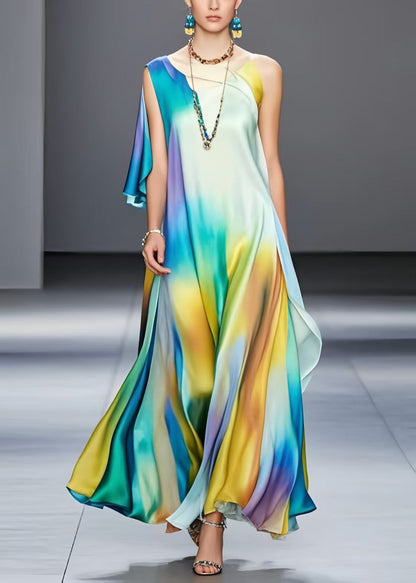 Classy Rainbow Asymmetrical Tie Dye Silk Robe Dresses Summer