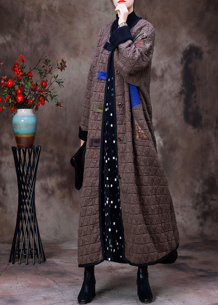 Chocolate O-neck Patchwork Applique Fine Cotton Filled Witner Coat Long Sleeve