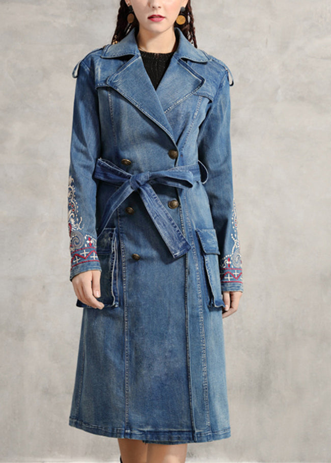 Simple Blue Peter Pan Collar Pockets Embroideried Double Breast Sashes Cotton Denim Trench Coats Spring