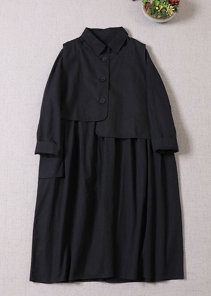 Loose Black Asymmetrical Pockets Cotton Two Pieces Set Dress + Vest Spring