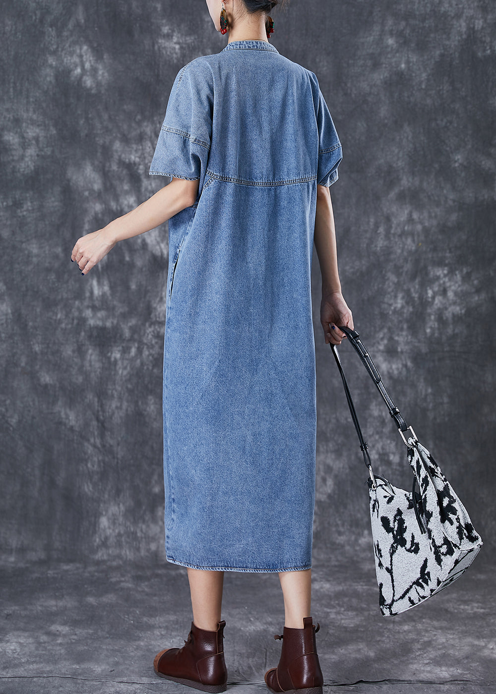 Denim Blue Oversized Patchwork Cotton Long Dress Fall
