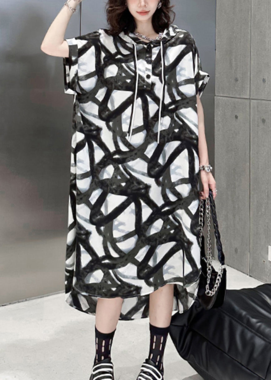 Black Hooded Print Patchwork Silk Cotton Long Dress Summer