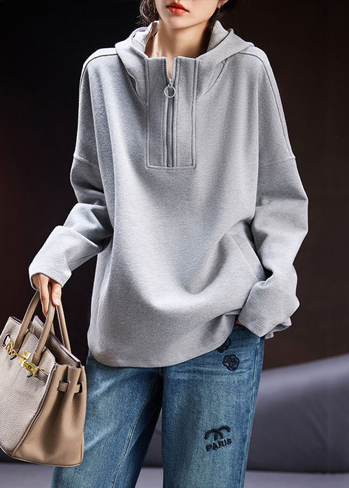Black Hooded Zippered Pockets Cotton Sweatshirt Long Sleeve