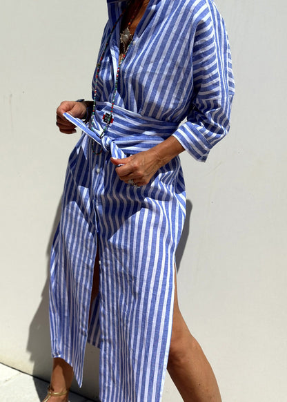 Blue Striped Patchwork Side Open Long Shirts Dress Bracelet Sleeve