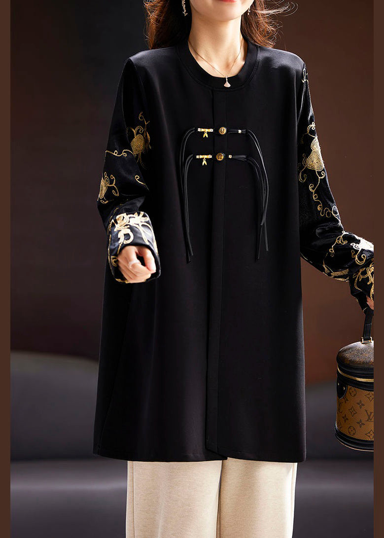 New Black O-neck Embroideried Silk Velour Patchwork Top Long Sleeve