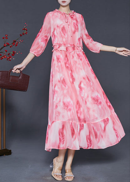 Pink Ruffled Print Chiffon Vacation Dress Summer