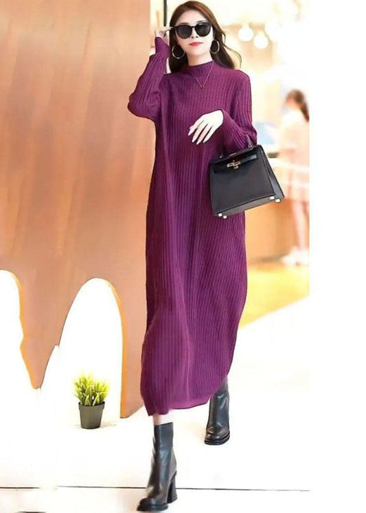 Classy Purple Stand Collar Color Knit Long Sweater Dress Spring
