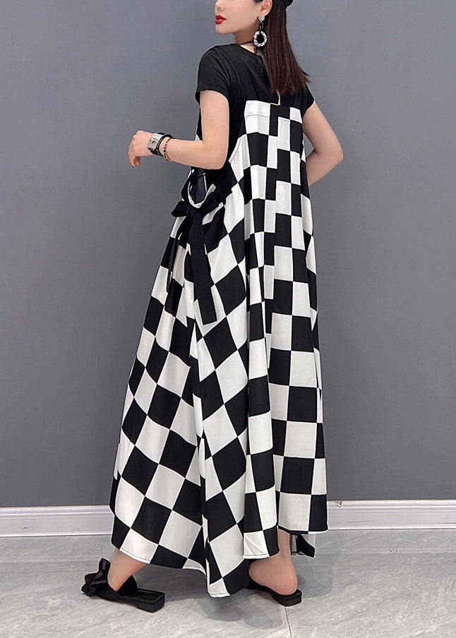 Unique White O-neck Plaid Button Pockets Wrinkled Long Dresses Short Sleeve