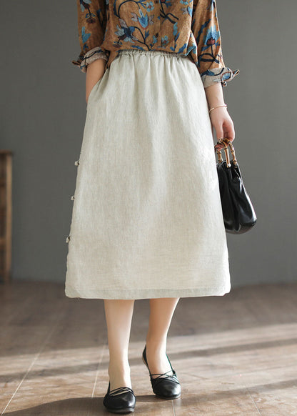 Beige Chinese Button Patchwork Linen Skirts Spring