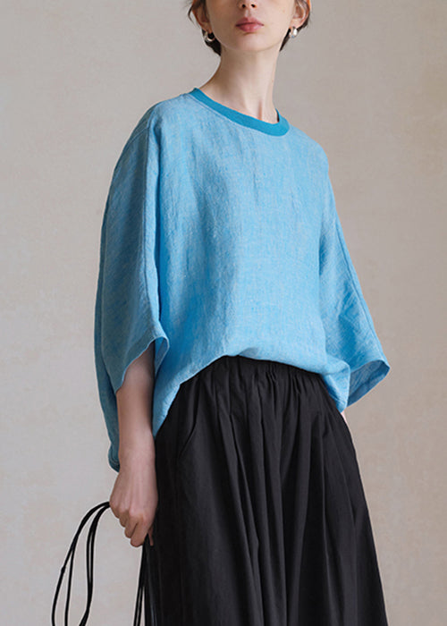 Blue O Neck Linen Shirt Half Sleeve