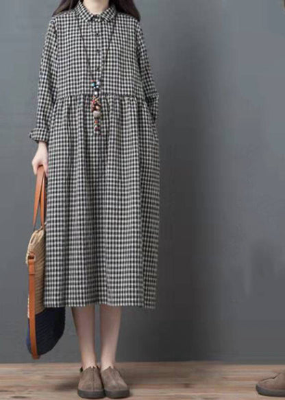 French Black Plaid Clothes Lapel Patchwork Traveling Dresses