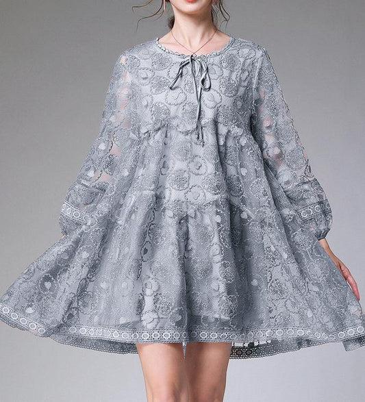 Grey Long Sleeve Lace Summer Maxi Dresses