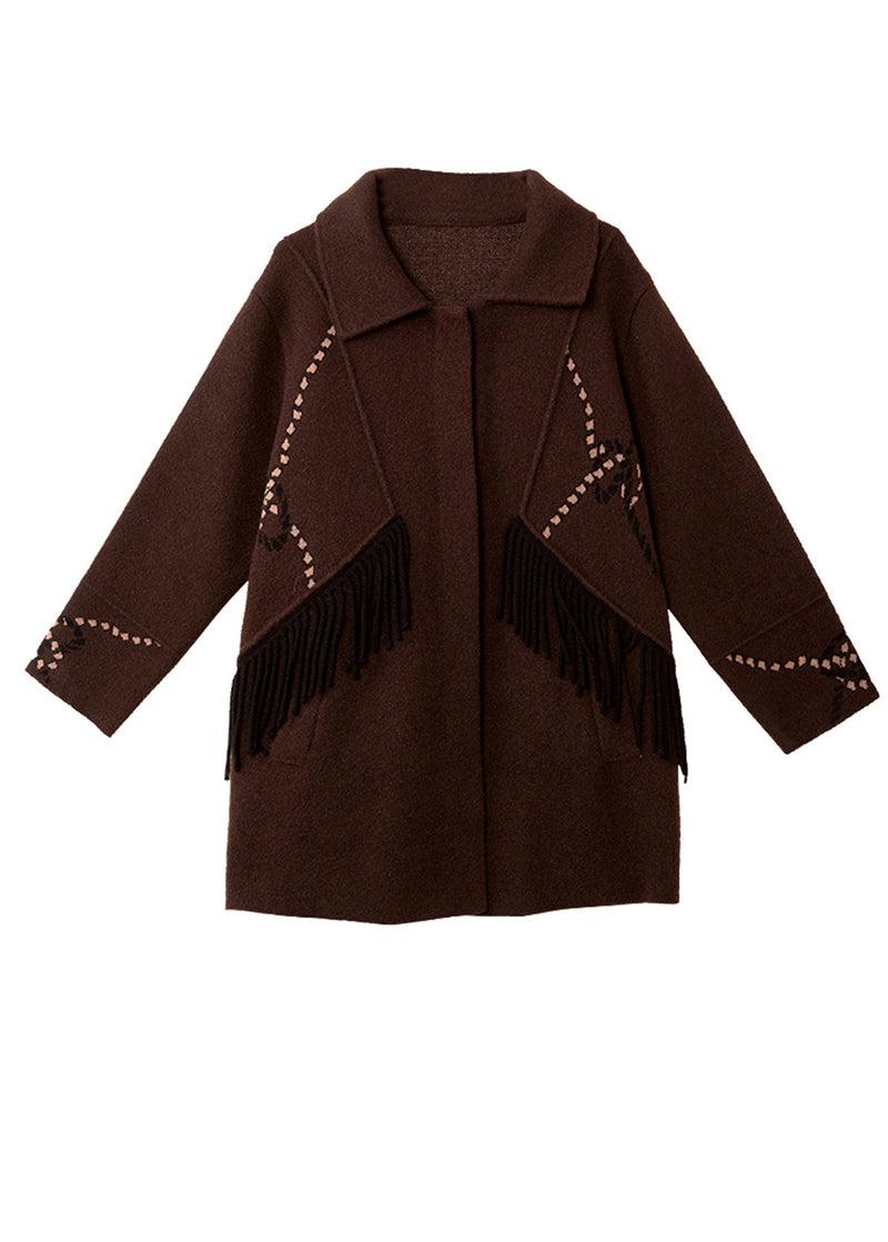 Chocolate Tasseled Patchwork Woolen Coat Outwear Spring
