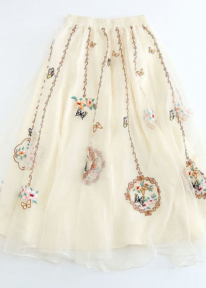 Apricot Wrinkled Embroideried Tulle Skirt Summer