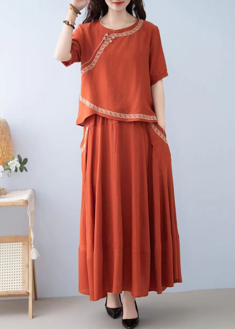 New Orange O Neck Pockets Linen Two-piece Set Summer