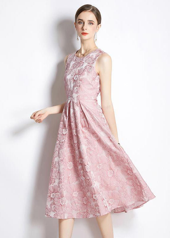Pink Jacquard Exra Large Hem Silk Holiday Dress Sleeveless