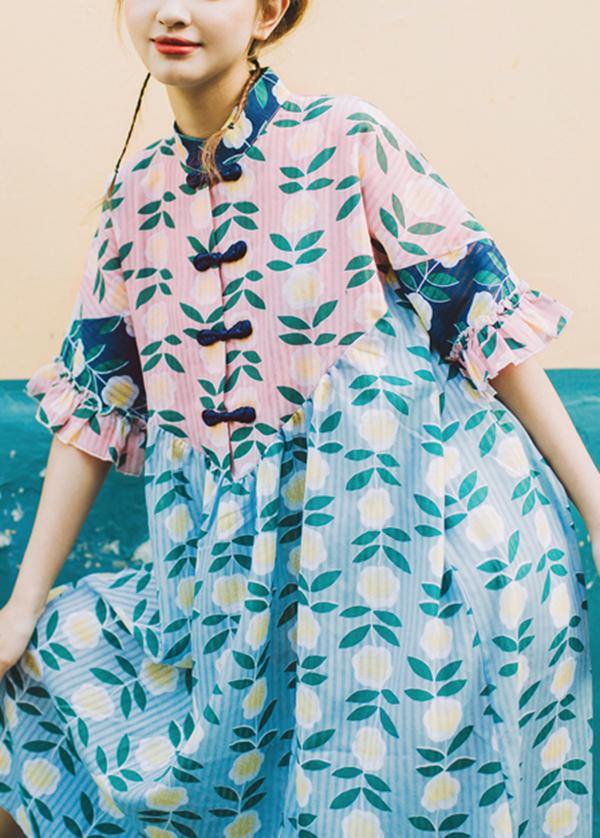Pink Print Stand Collar Summer Dress