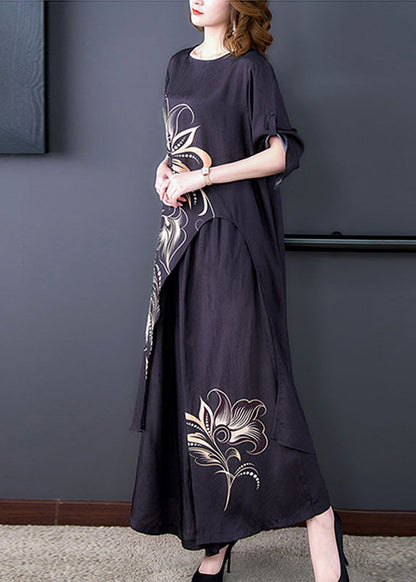 Black Asymmetrical Print Chiffon Top and Wide Leg Pants Two-piece Set Summer