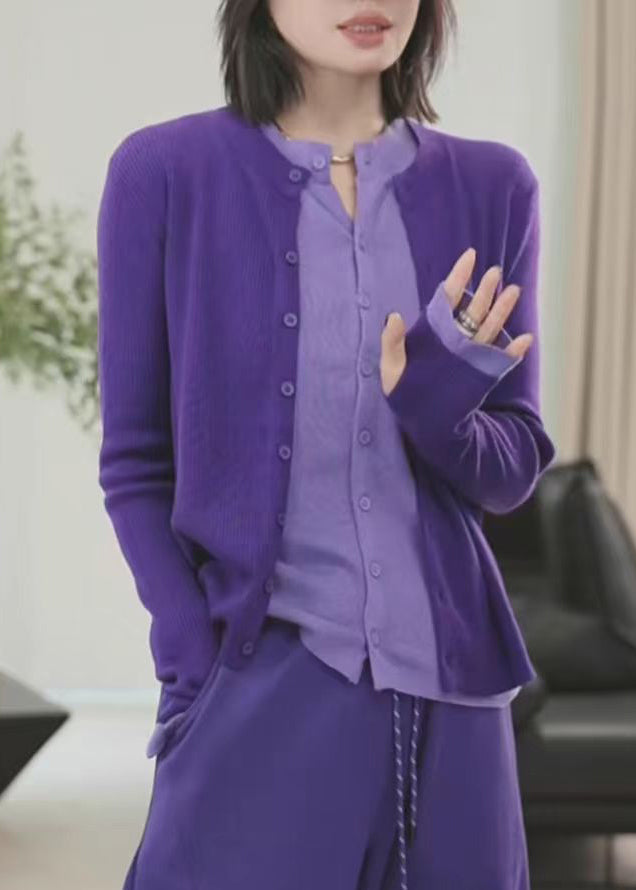 Purple Button Patchwork False Two Pieces Knit Sweaters Winte