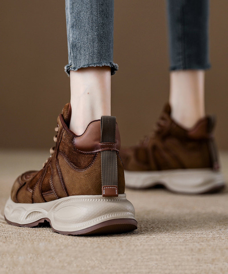Brown Comfy Lace Up Splicing Platform Flats
