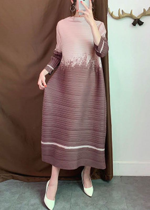 Khaki Slash Neck Gradient Color Long Dresses Long Sleeve