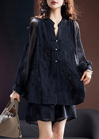 Black Embroidered Tops and Shorts Chiffon Tops Summer