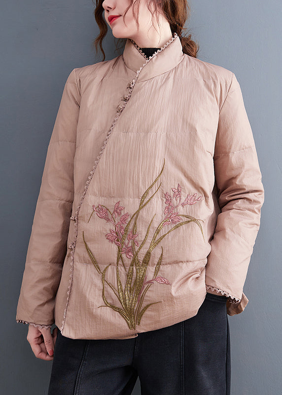 Pink Stand Collar Embroideried Fine Cotton Filled Jackets Winter