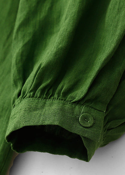 Art Green Button Wrinkled Cotton Blouses Dress Spring
