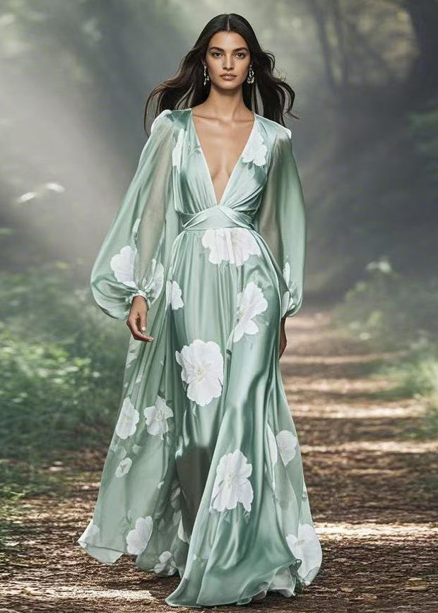 Italian V Neck Print Silk Long Dress Lantern Sleeve Spring