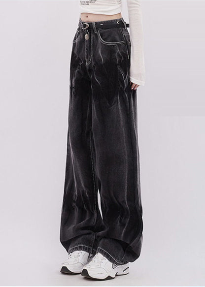 Black Tie Dye Denim Straight Pants Spring