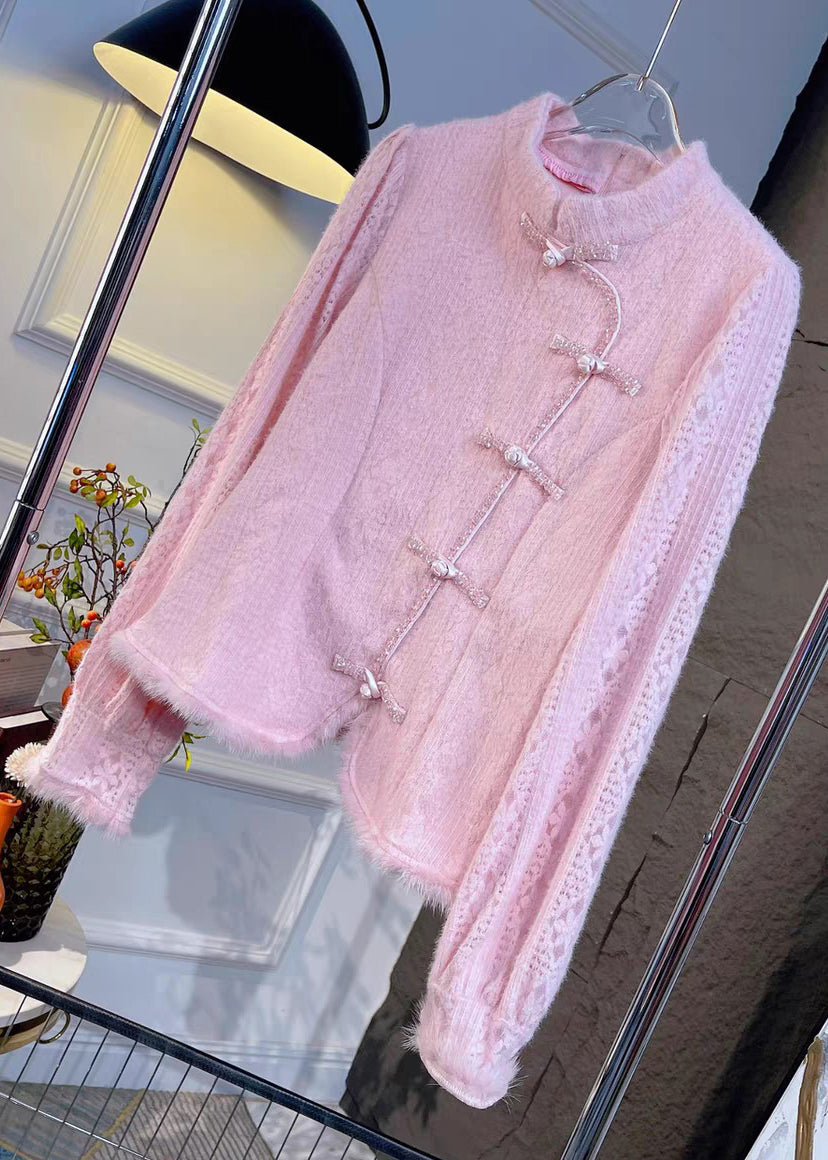 French Pink Stand Collar Button Knit Shirt Spring