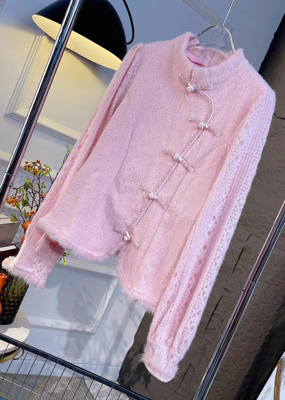 French Pink Stand Collar Button Knit Shirt Spring