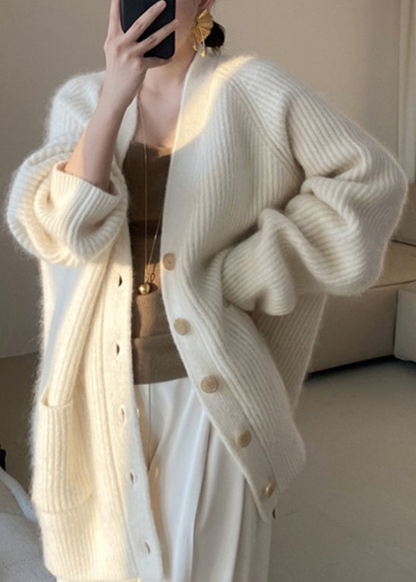 Beige V Neck Button Pockets Cotton Knit Coats Fall
