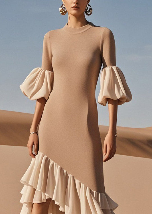 Stylish O Neck Ruffled Patchwork Knit Sweater Dress Spring