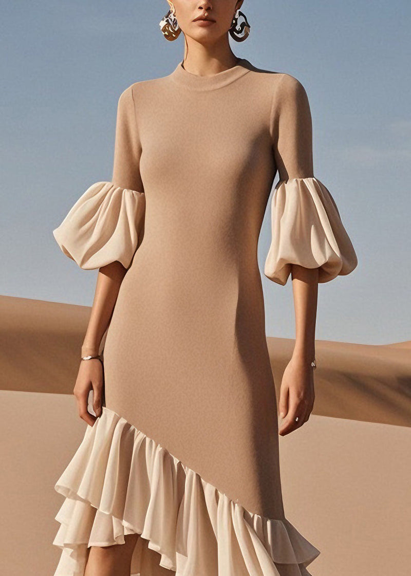 Stylish O Neck Ruffled Patchwork Knit Sweater Dress Spring