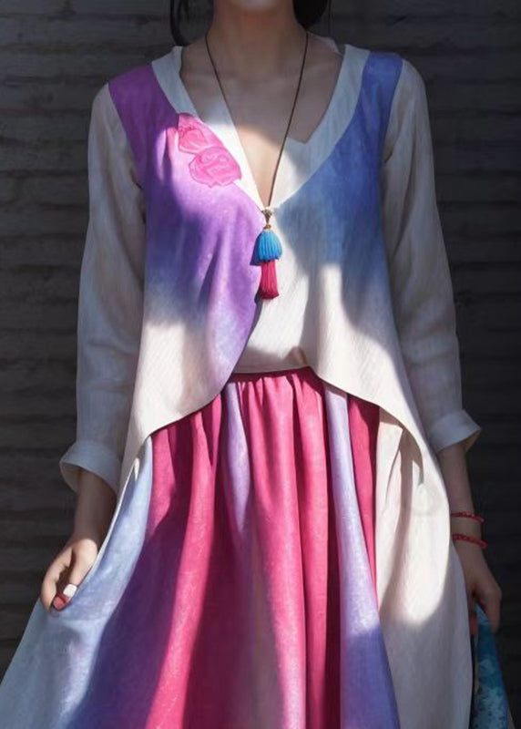 Gradient Color Asymmetrical Patchwork Silk Long Dress Long Sleeve