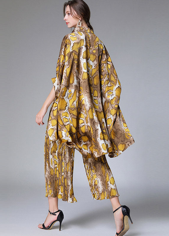 Natural Colorblock Peter Pan Collar Print Tops and Pants Chiffon Two Pieces Set Summer