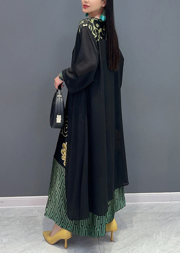 Loose Black V Neck Fake Two Piece Printed Dress for Summer