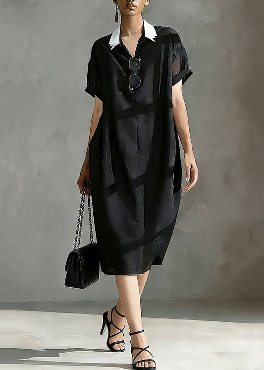 Italian Black Peter Pan Collar Patchwork Vacation Long Dresses Short Sleeve