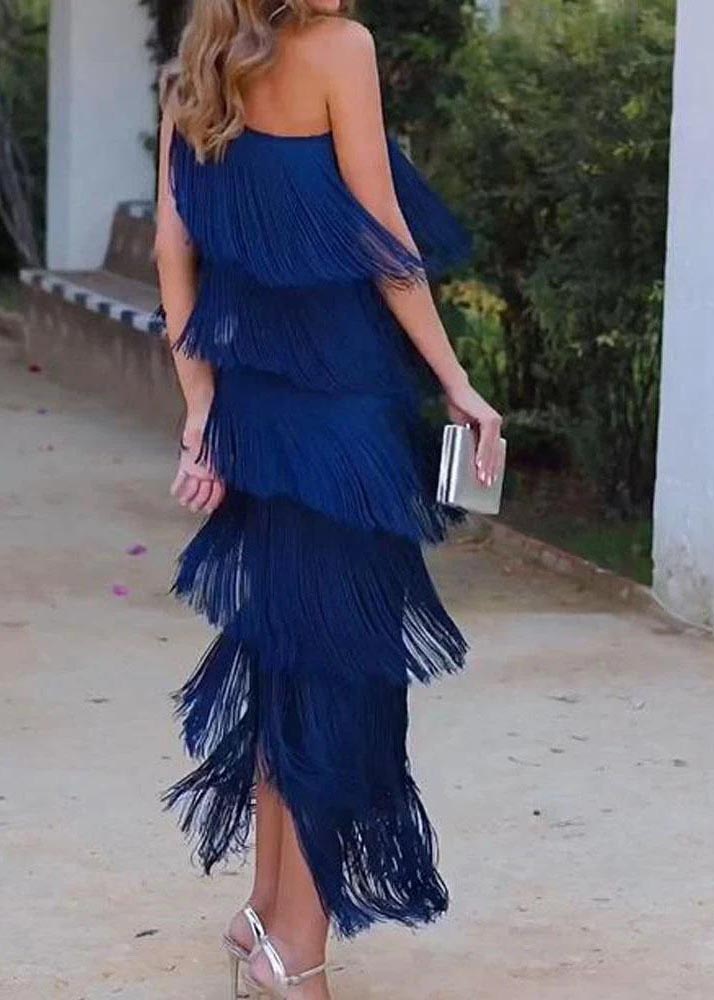 Purple One Shoulder Tasseled Dresses Sleeveless