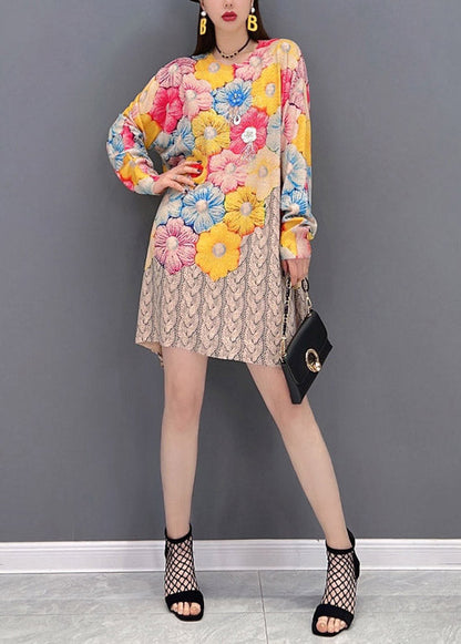 O-neck Print Chiffon Mid Dresses Long Sleeve