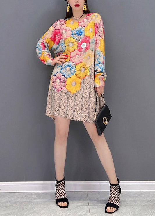O-neck Print Chiffon Mid Dresses Long Sleeve