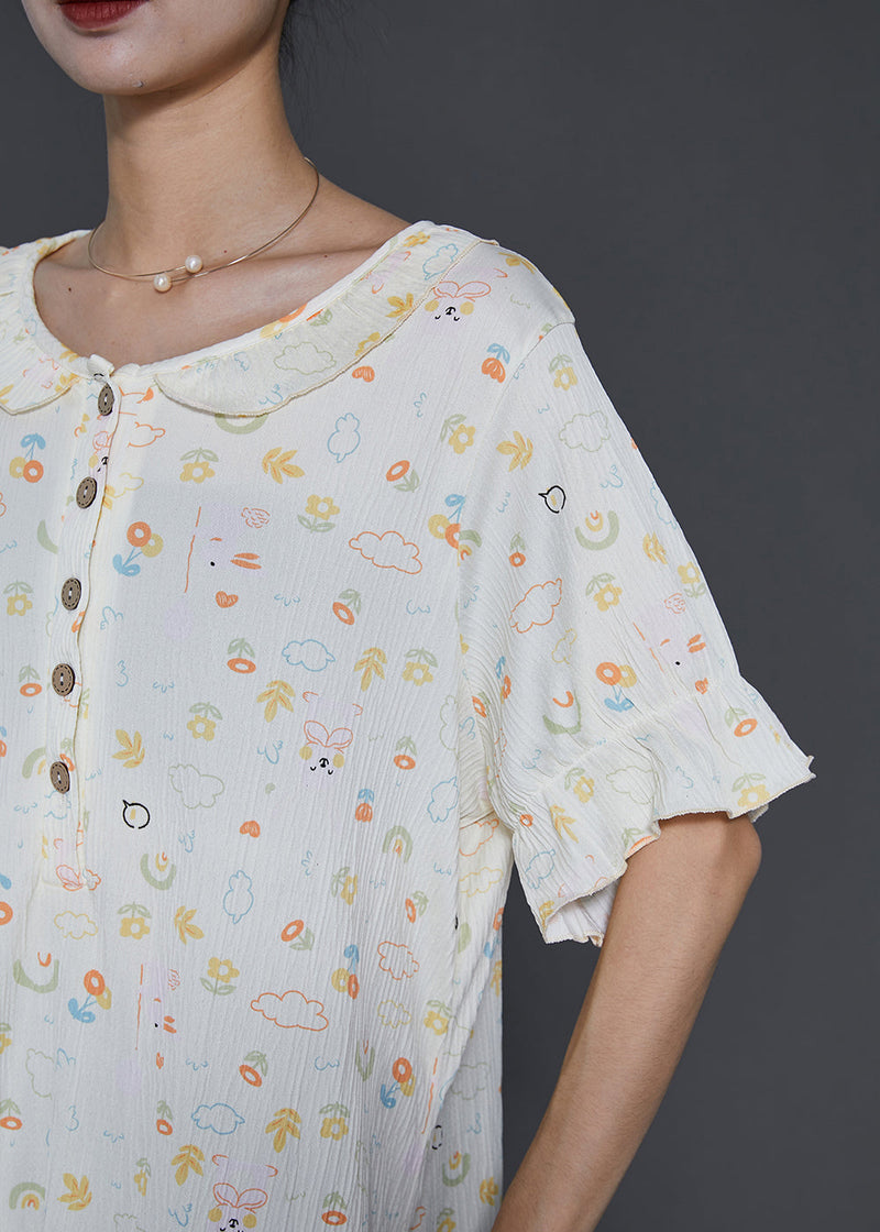 Apricot O-neck Print Cotton Robe Dresses Summer