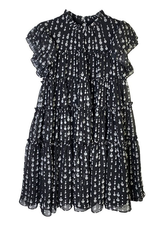 Black O-neck Ruffled Patchwork Dot Print Long Dress Short Sleeve